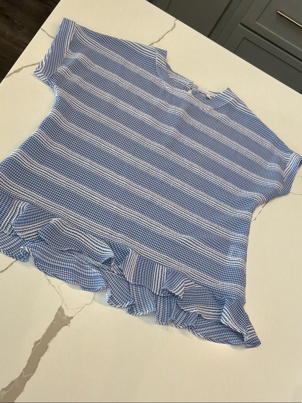 Madison Stone Small Lightweight Blue Striped Ruffle-Hem Blouse Top Shirt